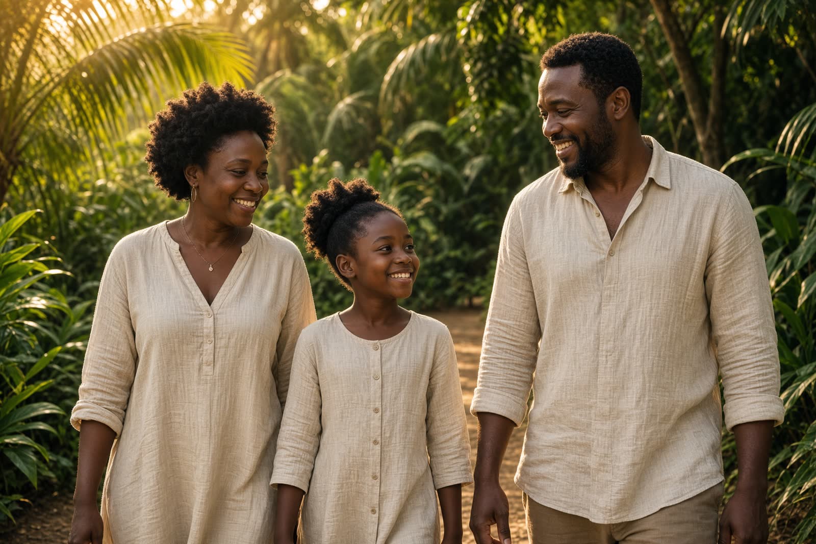 A Ghanaian family walking together through a tropical garden