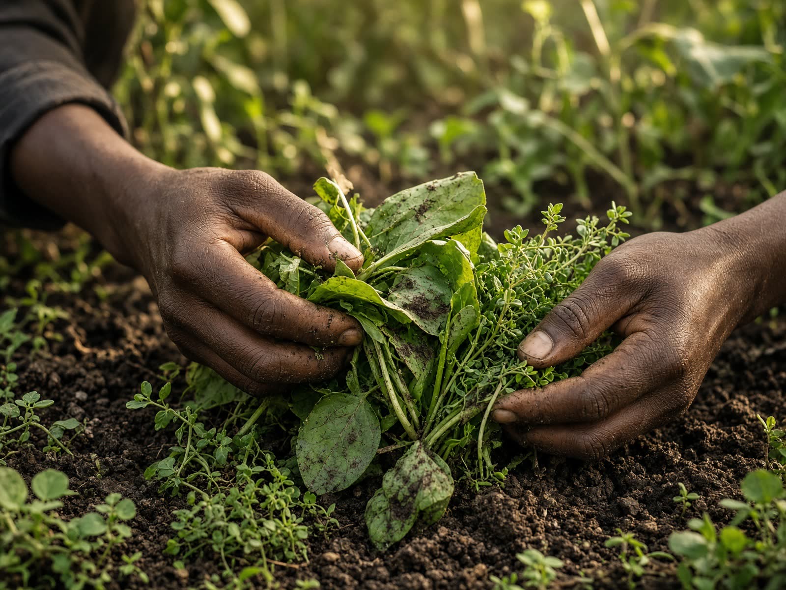 Hands harvesting greens