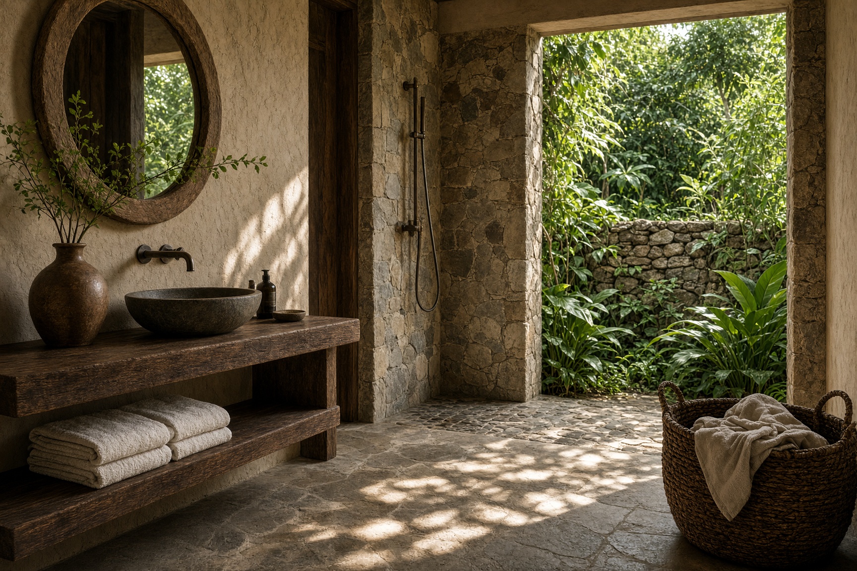 Stone and timber bathroom looking into a private garden
