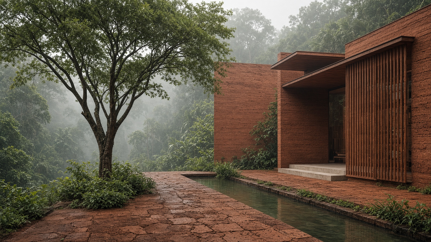 Arrival courtyard of rammed earth, timber and water