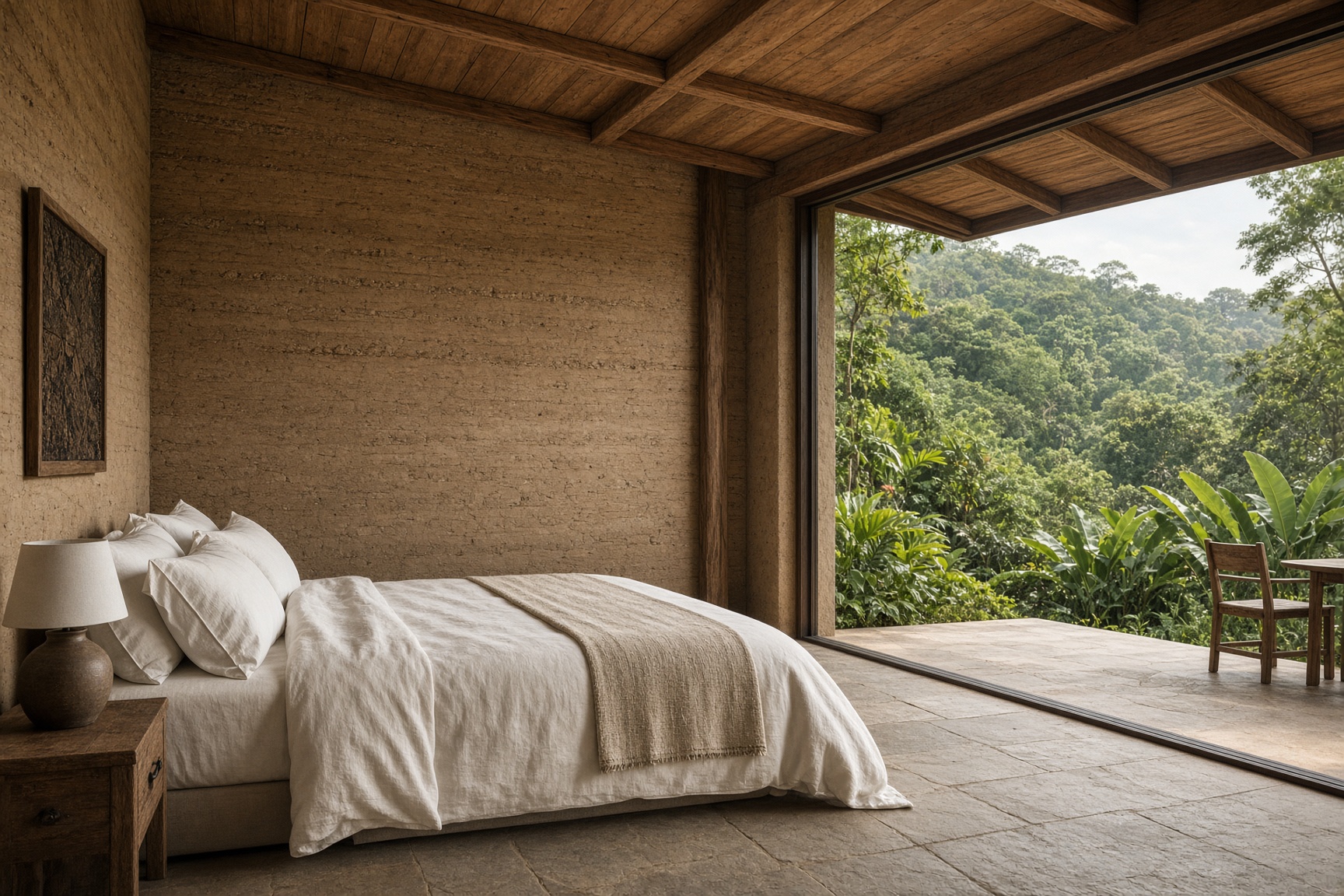 A linen-dressed suite opening onto a hillside garden